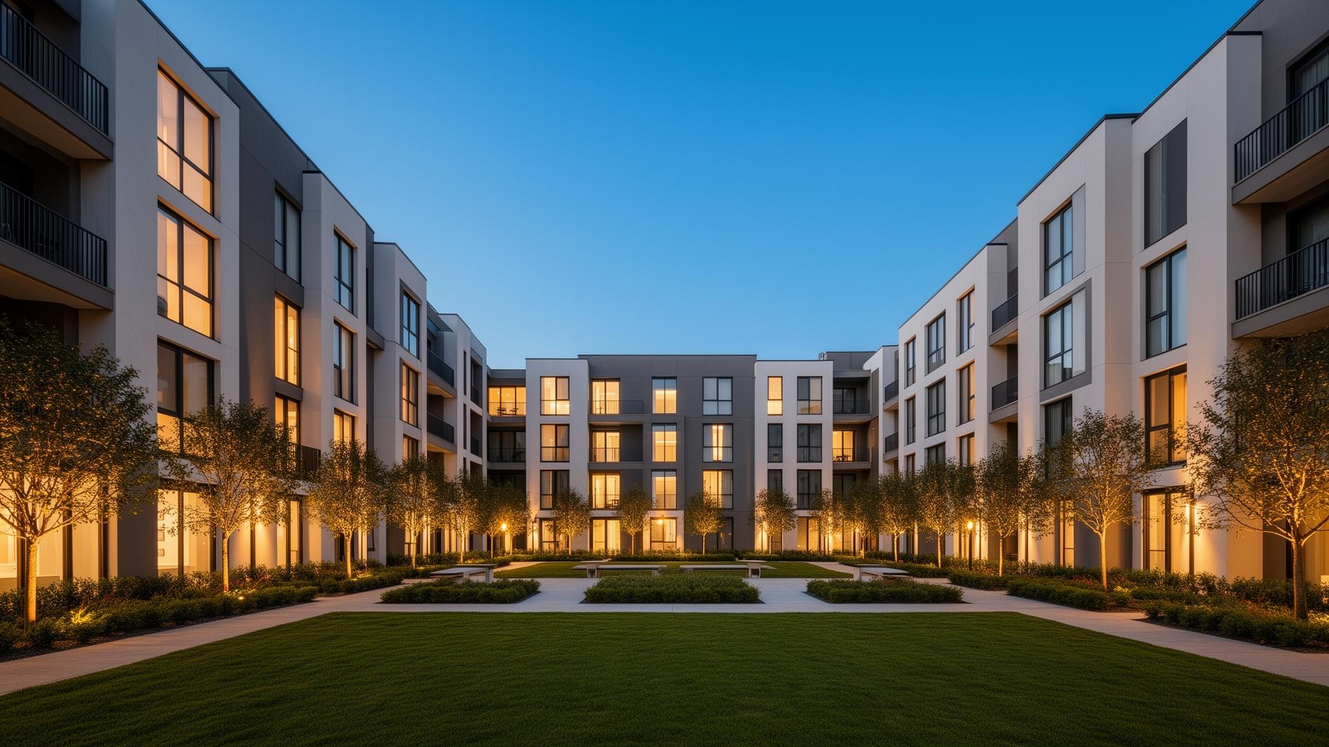 Upscale apartment community courtyard at twilight